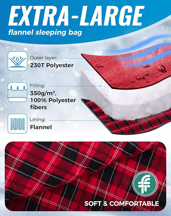 KingCamp Sleeping Bag for Adults Big and Tall, Cold Weather Camping Sleeping Bag with Soft 100% Cotton Flannel Lining, Portable Lightweight Outdoor Traveling & Car Camping