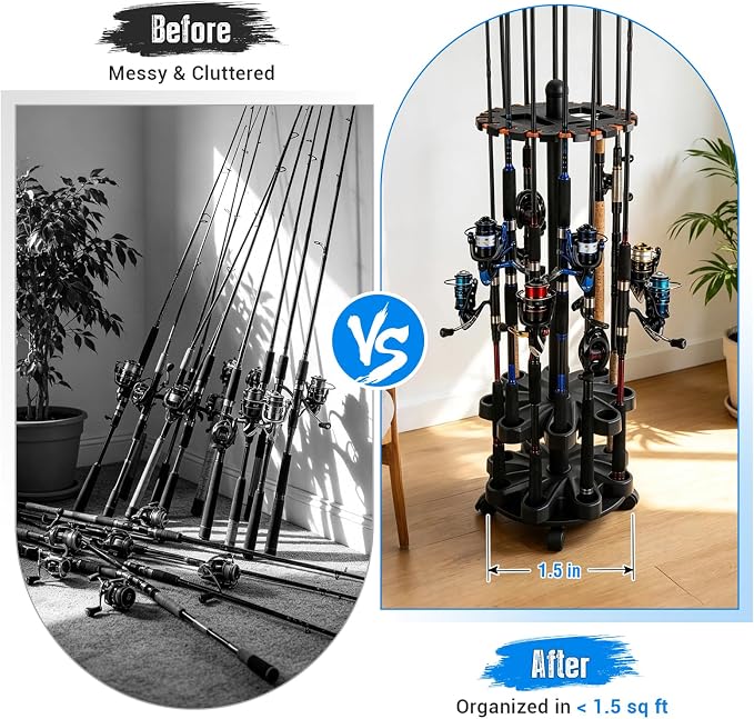 Fishing Rod Holder for Garage Storage, Holds Up to 16 Rods | Fishing Pole Holders, 360 Degree Rotating Pole Rack with Wheels for Ground, Fishing Pole Storage