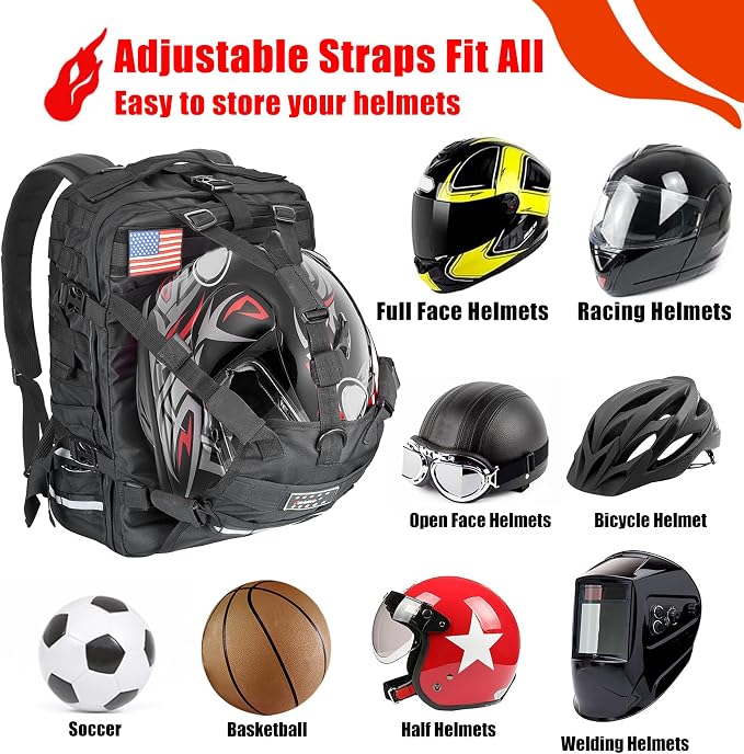 Goldfire Helmet Backpack for Motorcycle Riding Cycling Waterproof Large Capacity Daily Backpack with Helmet Holder Weather-Resistant Hiking Daypack Durable (V1)