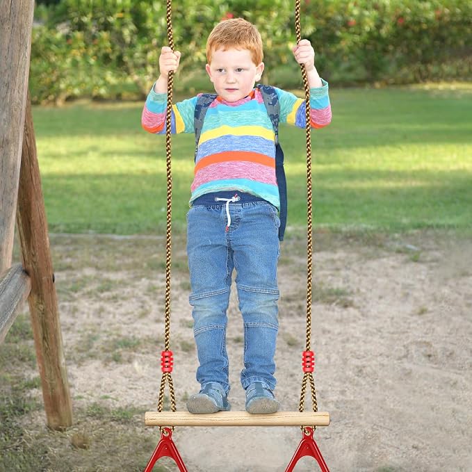 LadyRosian Wooden Trapeze Swing Bar, Adjustable Height Swing Set, Gym Rings, Playground Attachments, 16.5" Monkey Bar for Backyard, Playground, Playroom (Red)