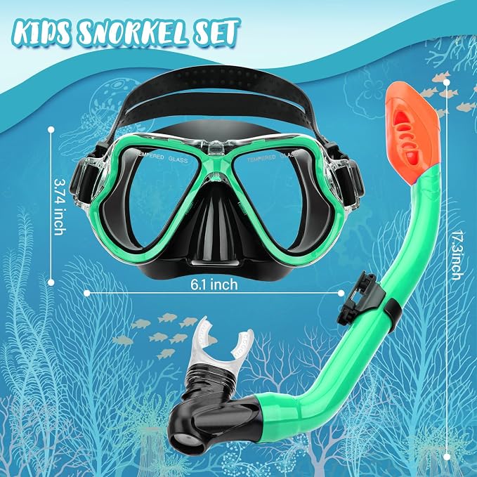 Snorkeling Gear for Kids, 4 in 1 Child Mask Fins Snorkel Set with Panoramic View Anti Fog Mask, Dry Top Snorkel, Trek Fins and Travel Bag, Kids Snorkeling Set with Fins for Snorkeling Swimming