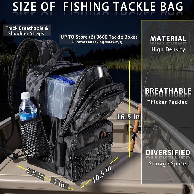 Fishing Backpack with Tackle Boxes and Rod Holder, 24L Fishing Sling Bag with Fishing Lures Kit, Fishing Gear Bag Gifts for Men Women - Camo Black Backpack