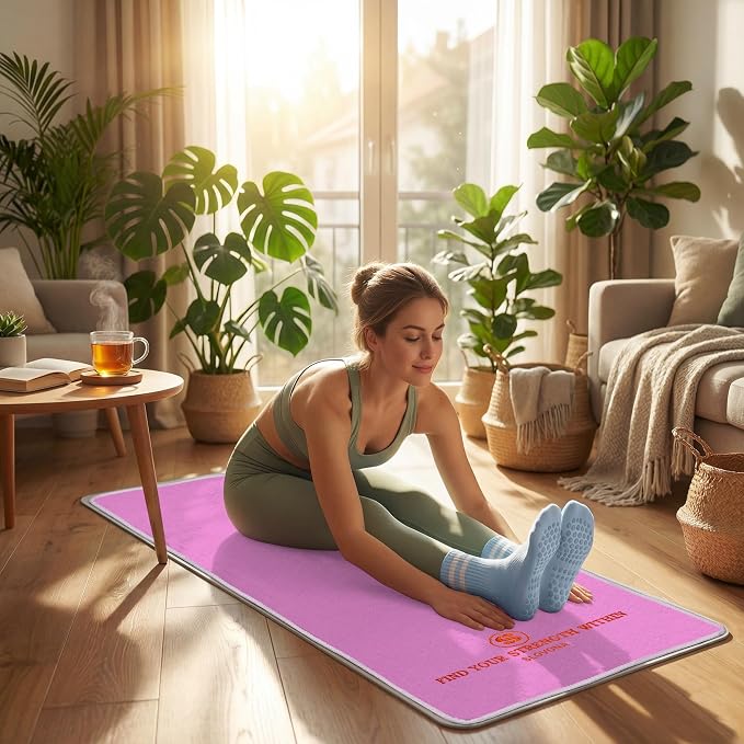 Upgraded Yoga Mat Towel with Bonus Grip Socks, Orchid Purple | Elegant Embroidered, 1-Second Sweat Absorption & Non-Slip | Machine Washable Microfiber | Hot Yoga, Pilates | 73''*27.6''