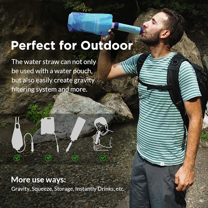Membrane Solutions Squeezable Water Filtration System, Survival Water Purifier Kit, Portable Backpacking Gear Including Water Filter Straw and 23oz Collapsible Bottle for Hiking Camping Travel(5+6)