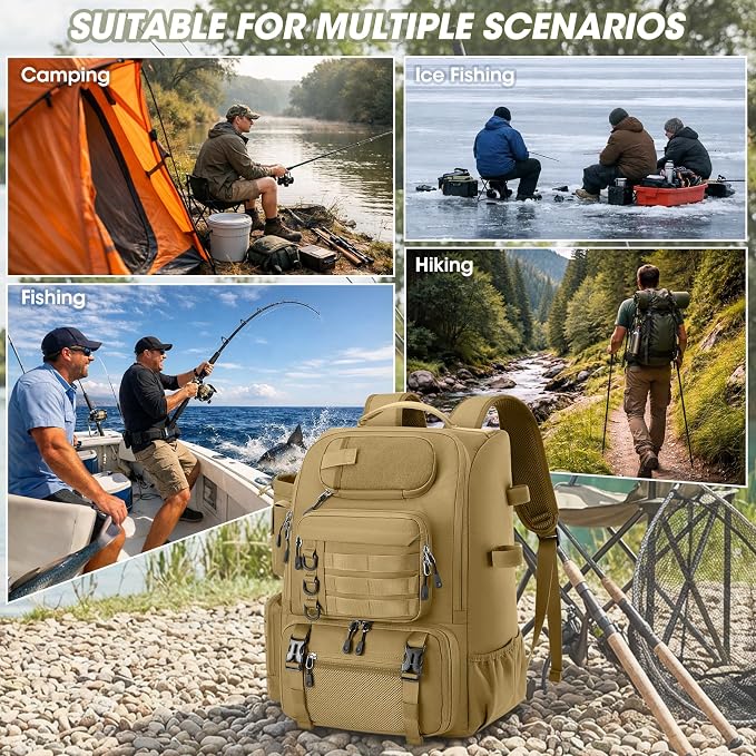 RAINSMORE Fishing Backpack with Rod Holders & Cooler 40L Water Resistant Tackle Backpack with Rain Cover Store Fishing Gear