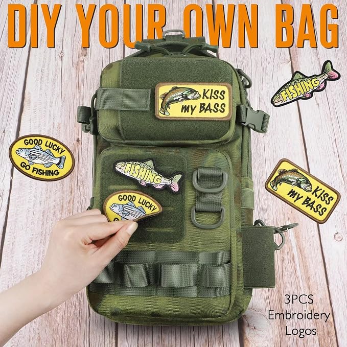 Dovesun Small Fishing Backpack with Tackle Boxes Fishing Sling Bag DIY Embroidery Patches Tackle Bag Gift for Men Green
