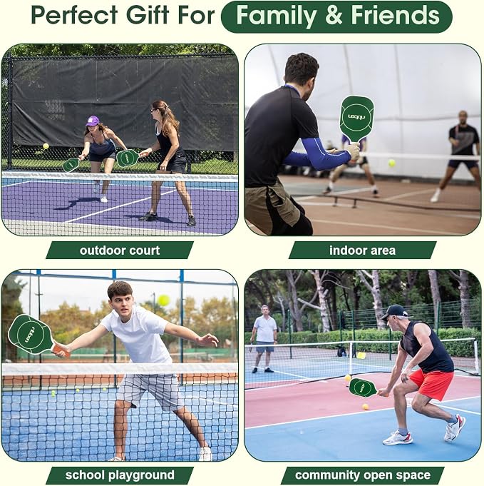 Fiberglass Pickleball Paddles Set of 2, Lightweight Pickle Ball Rackets Kit with Honeycomb Core Control Durable, 4 Outdoor Indoor Balls and Carrying Bag for Men Women