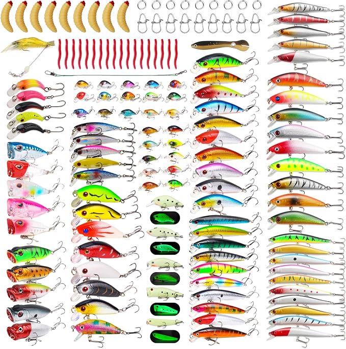 TSKS Fishing Artificial Lures Kit Mixed Including Front Diving Fin Minnow Surface Popper Crank Baits Pencil VIB with Hook and Soft Lures Accessories for Saltwater Freshwater Trout Bass Tackle Gift Set