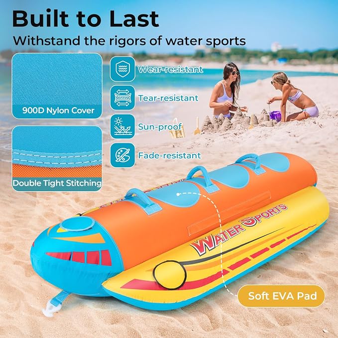 Towable Tubes for Boating, Inflatable Hot Dog Water Tube for Boat to Pull, Water Sports Banana Boat Tubes and Towables w/Double Stitched Nylon Cover, Padded Seat, Easy Grip Handles