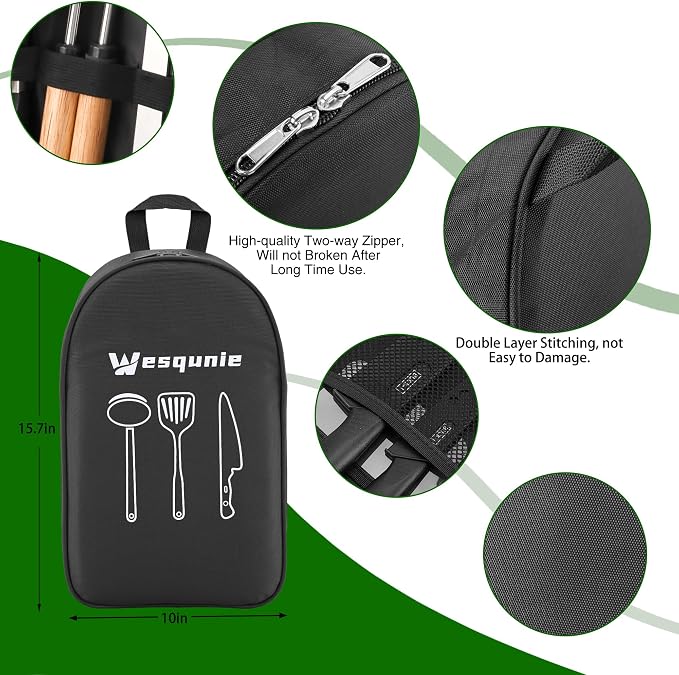 Wesqunie Camping Essentials Cooking Utensils Set - 30Pcs Camp Kitchen Cookware Set, Stainless Steel & Silicone, Camping Gear Equipment Must Haves for RV Picnic Grill