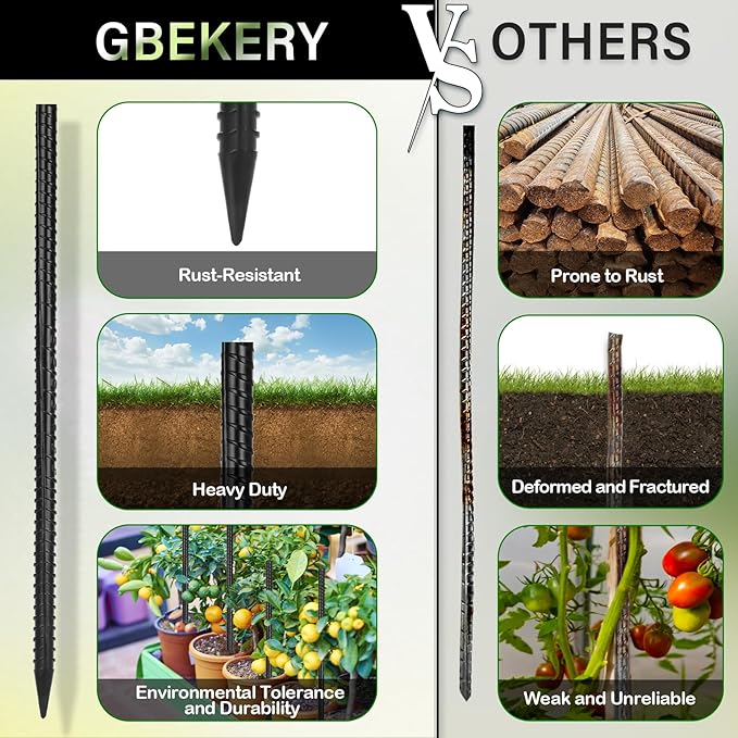 Gbekery 16 Inches Rebar Stakes(16pcs) Heavy Duty Straight Metal Ground Anchors with Chisel Point Ends for Timber,Concrete,Plant Support,Camping Tents,3/8 Inch Thickness Garden Stakes,Black