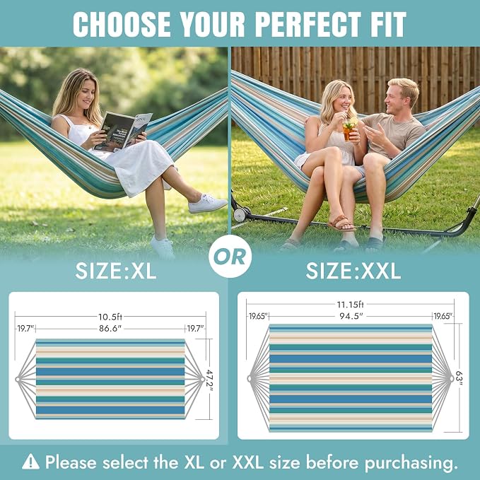 INNO STAGE 2 Persons Hammock with Tree Straps - Brazilian Double Hammocks, Portable Hanging Camping Bed for Patio, Backyard, Porch, Outdoor and Indoor Use Soft Cotton Carrying Bag, Blue, XX-Large