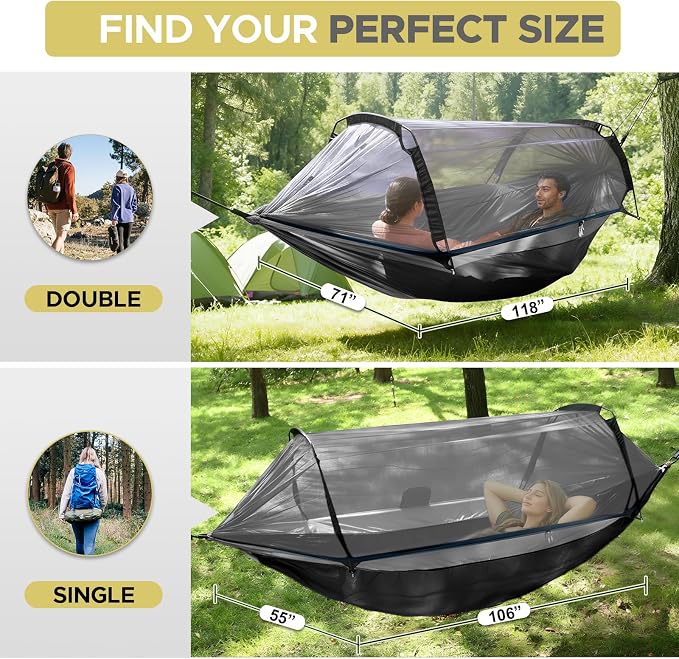 Sunyear Camping Hammock Tent - Portable Hammocks with Mosquito Net (Single/Double, 500lbs Capacity) - Spacious & Anti-Rollover Design with 2 Tree Straps for Hiking, Backpacking, Indoor/Outdoor Use