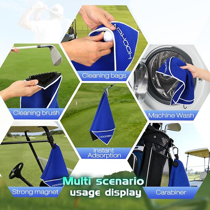 Magnetic Golf Towel with Brush & Cleaning Pocket, 4-in-1 Golf Cleaning Kit 3 Stage Cleaning System Golf Club Cleaning Kit, Microfiber Waffle Golf Accessories 15.7" X 23.6", Blue