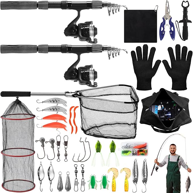 51 Pcs Fishing Rods Combo 6.89ft Telescopic Freshwater Pole Set with Plier Lip Gripper Lures Carrier Bag Pre Loaded Spinning Reel with Freshwater Rod Reel Kit Father Men Gift