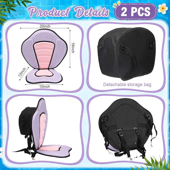 Vinsot Kayak Seat Cushion Universal Paddle Board Seat with Back Support Adjustable Non Slip Boat Chair Seats with 4 Straps and Storage Bag for Kayak Boat Sup Canoe