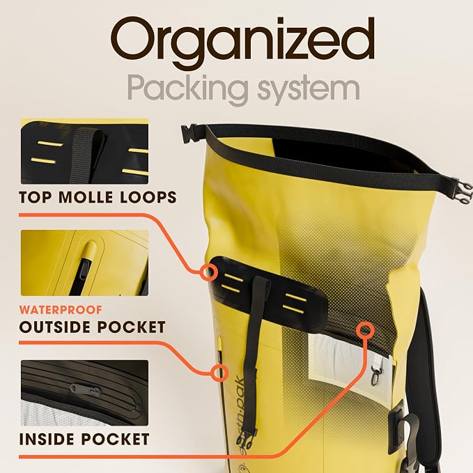 Earth Pak Waterproof Backpack - Heavy Duty Roll-Top Closure with Easy Access Front-Zippered Pocket and Cushioned Padded Back Panel for Comfort with IPX8 Waterproof Phone Case, Yellow, 85L, Messenger