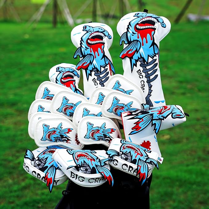 Big Crazy Golf Head Covers, Golf Club Covers Funny, Driver Headcovers, Golf Club Covers, Fairway Woods Head Covers, Hybrids Headcover, Putter Cover with Soft Lining for Golf Gift Hammerhead Sharks