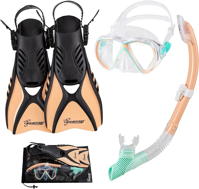 Seavenger Hanalei Anti-Fog 4-Piece Snorkeling Set with Soft-Flex Dry Snorkel, Adjustable Open-Heel Fins, Twin-Lens Mask, and Mesh Bag