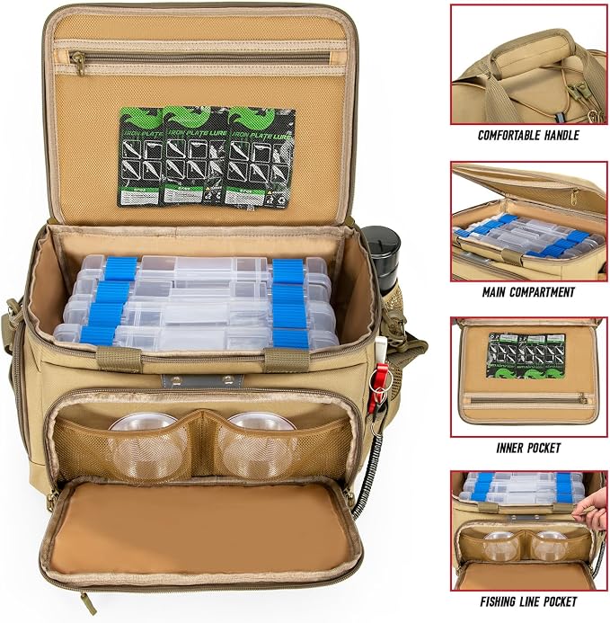 Fishing Tackle Bag, Equipped With 4 Tackle Boxes and Detachable Reel Storage Pouch, Waterproof Fishing Gear Organizer, Adjustable Shoulder Strap Fishing Bags for Saltwater & Freshwater