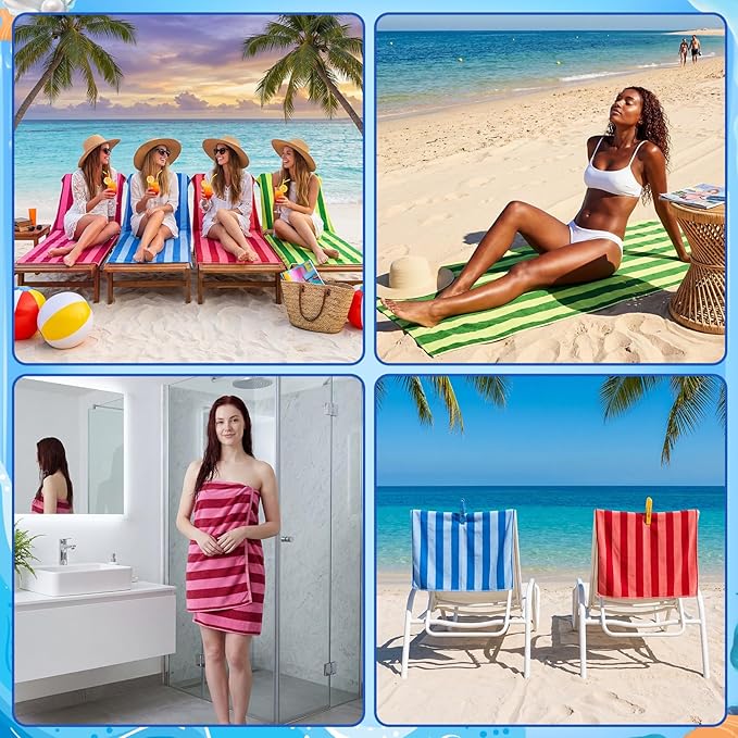 Gilprop 4 Packs Oversized Stripe Beach Towels Microfiber Pool Towel with Bags & Clips Soft Absorbent Quick Dry Camping Towels for Women Men Travel Families Swim (60×30 in,Multicolor)