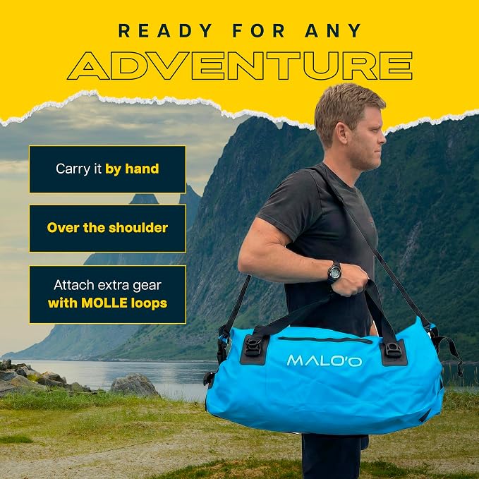 Malo’o Waterproof Dry Duffel, Heavy-Duty Roll Top Waterproof Gear Bag with Shoulder Strap & Molle Loops, Marine Duffel for Kayaking, Boating, Camping, Beach & Travel, Blue, 60L