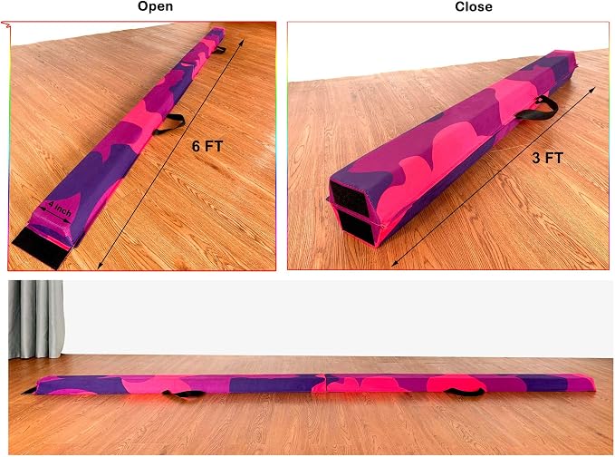 MARFULA 6 FT / 8 FT / 9 FT Folding Gymnastics Beam Foam Balance Floor Beam - Extra Firm - Suede Cover - Anti Slip Bottom with Carry Bag for Kids/Adults Home Use