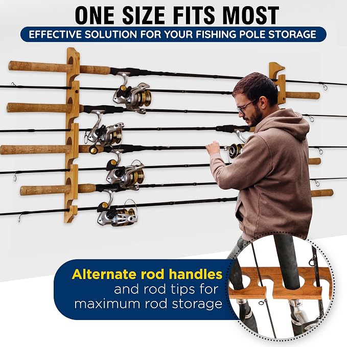 Rush Creek Creations 8 Fishing Rod Wall or Ceiling Storage Rack, Vertical or Horizontal Holder for Garage, 8 Rod and Reel Combo Capacity
