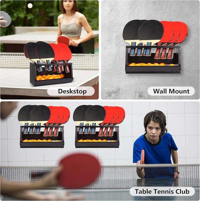 Ping Pong Paddle Holder Wall Mount & Desktop 2-in-1,Table Tennis Racket Display Organizer Holds 8 Rackets, Ping Pong Paddle Storage Rack in Game Room, Man Cave, Office, Home