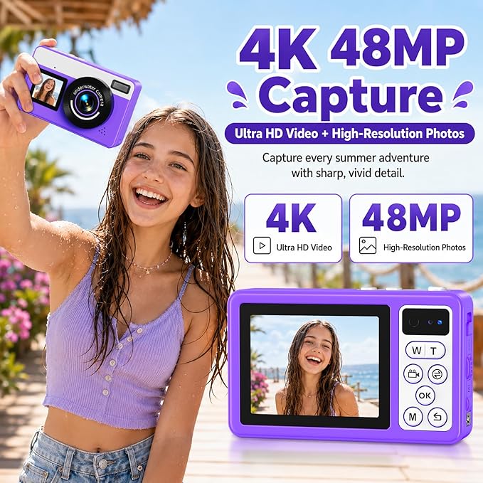 Maxmango D70 Underwater Camera, 10FT Waterproof Digital Camera for Pool & Beach, 4K 48MP Teens Underwater Cam with Dual Screens, Autofocus, 18X Zoom, Floating Camera for Boys Girls Purple(16GB)