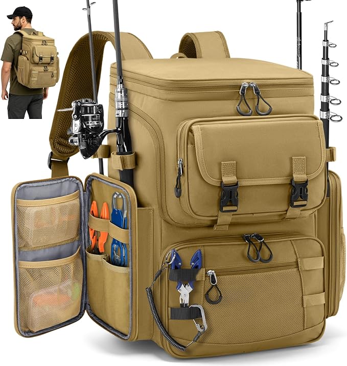RAINSMORE Fishing Backpack, 45L Large Fishing Bag with 4 Rod Holders & Insulated Cooler Professional Fishing Tackle Backpack with Rain Cover Waterproof Tackle Bag for Men Gift, Khaki
