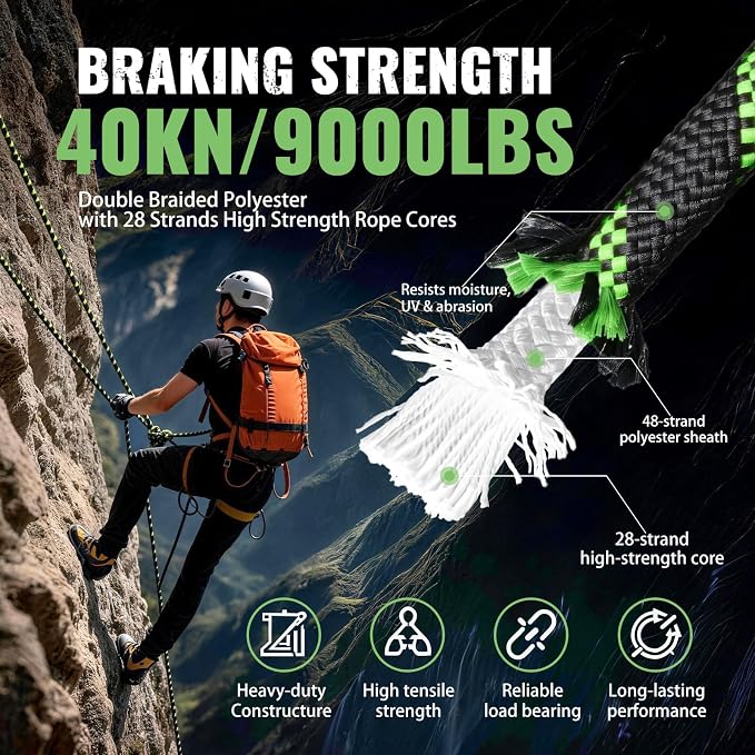 1/2Inch Arborist Rope 150Ft - 9000lbs Heavy Duty Nylon Rope Rappelling Rope, Double Braided Arborist Bull Rope for Tree Work, Hiking, Rigging, Pulling, Swing, Caving, Sailing - Army Green
