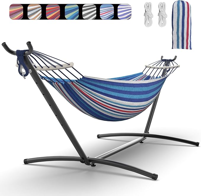 EveryFun Double Hammock with Heavy-Duty Steel Stand,Portable,Easy Assembly,600lbs Weight Capacity,Suit for Indoor,Yard,Camping,or Outdoor-Fine Blue