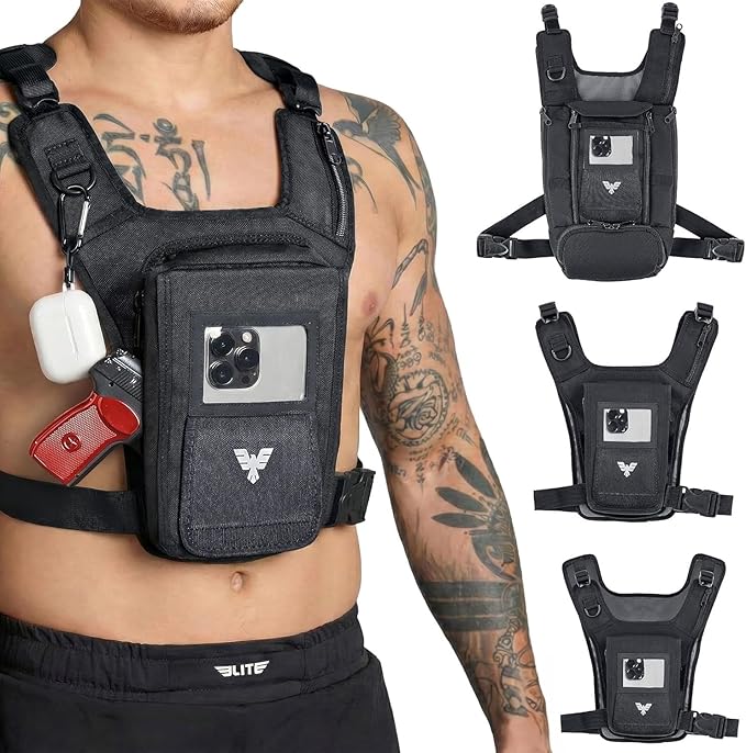 Elite Sports Running Vest w/Phone Holder, Gun Holster for Men/Women, Reflective Lightweight Chest Pack w/Touch Friendly Phone Sleeve, Camera Pocket - Chest Rig for Hiking, Trail, Marathon, Camping