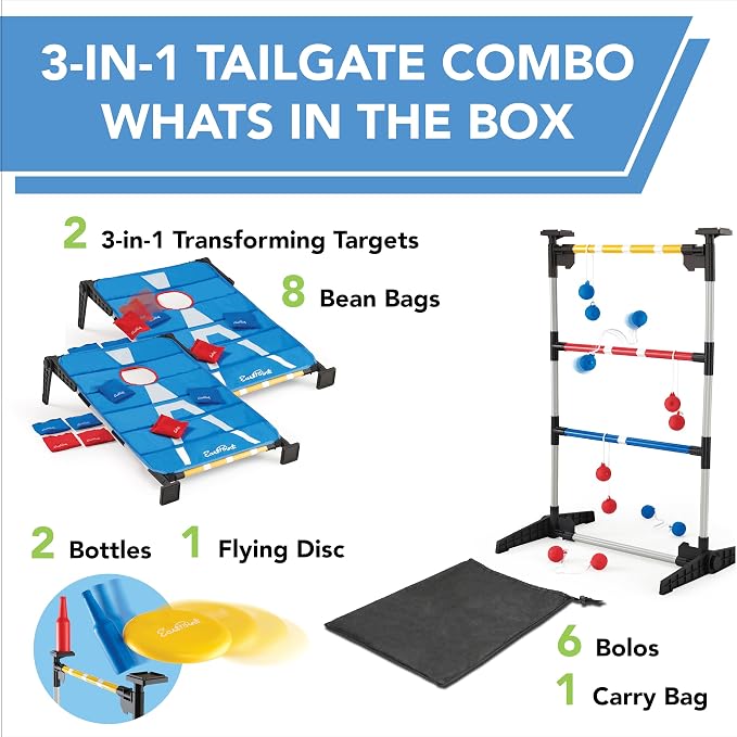 EastPoint 3-in-1 Tailgate Cornhole, Ladderball, Bottle Smash Combo Game - Blue - Versatile 3-in-1 Set for Outdoor Games - Portable Transport for Backyard