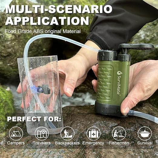 SurviMate Water Purifier Survival Pump，0.01 Micron 5-Stage Water Purifier System，Hand Pump Water Filter Portable Outdoor Emergency，Camping, Hiking, Backpacking