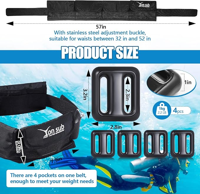 Tellegloww 4 Pcs 2.2 lb Dive Weights Belt for Scuba with 4 Pocket Zippered Scuba Weight Belt with Metal Quick Release Buckle Coated Dive Weights for Free Diving Spear Fishing Fit for Waist 32" to 52"
