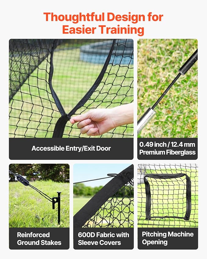 VEVOR Baseball Batting Cage,Professional Softball Baseball Batting Hitting Training Net,Heavy Duty Enclosed PE Practice Portable Pitching Cage Net&Carry Bag,for Backyard,Field,Indoor&Outdoor