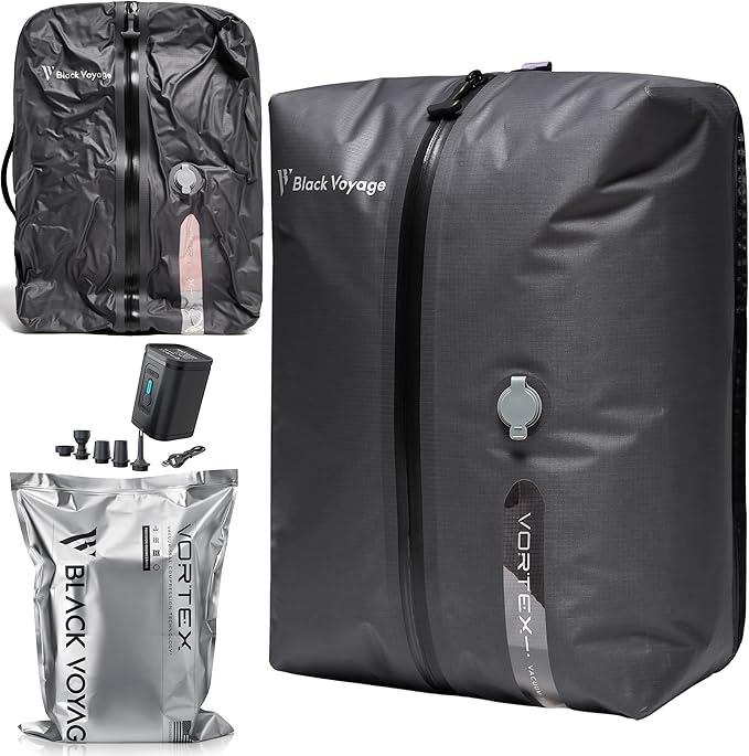 Black Voyage Reusable Vacuum Compression Travel Bag for Carry-On Suitcase and Backpack, Recycled IPX8 Waterproof Space Saver Vacpack (1-Pack, 18L - Pump Included)