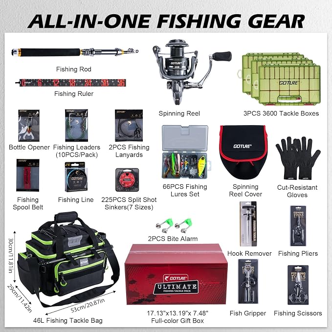 Goture Telescopic Fishing Rod and Reel Combo with Carrier Bag,1.8M-2.7M | Carbon Fiber Pole,5.2:1 Spinning Reel,Line,Pliers,Fish Gripper,Scissors,Lures Set, for Starter Travel Saltwater Freshwater