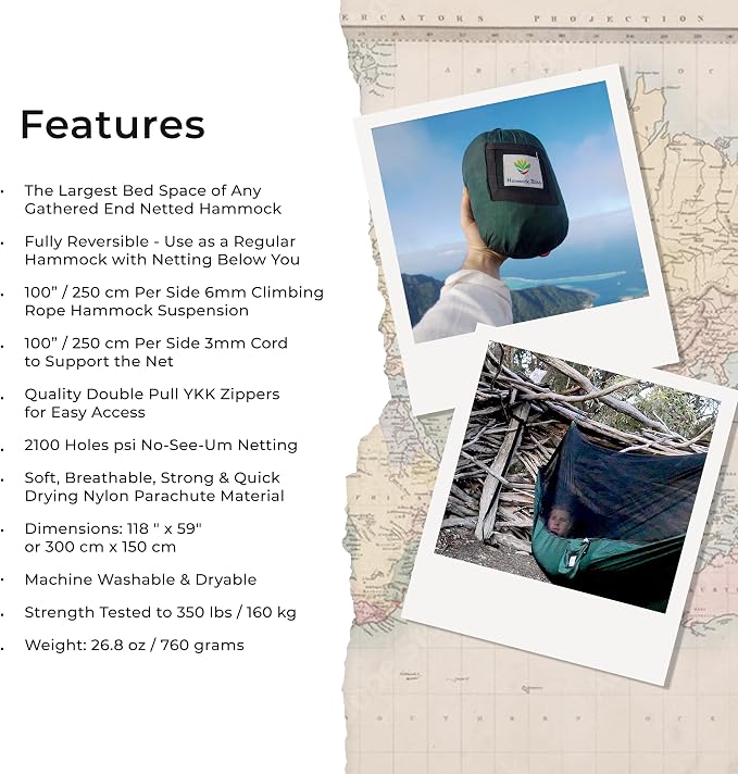 Hammock with Mosquito Net - Fully Reversible Bug Free Hammock Tent, Extra Large Sleeping Space, Bug Proof Netting & Suspension - Change the Way You Camp with Hammock Bliss Quality - No-See-Um No More
