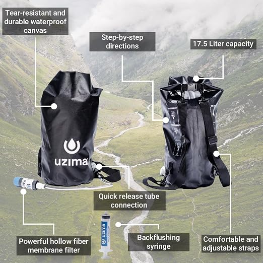 Uzima UZ-BP 17.5L Gravity Water Filter System - WHO Certified Backpacking Water Filtration System - Survival Gear for Bug Out Bag - All-in-One Collection, Storage, Filtration & Hands-Free Transport