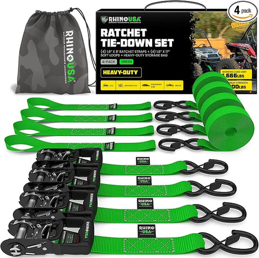 Rhino USA Ratchet Straps Heavy Duty Kit (4-Pack) - 1.6 Inch x 8 Feet Min Break Strength (5,000) - Ultimate Tie Down Straps with Safety S Hooks for Trucks, ATV, UTV, Motorcycle, Cargo & More - Green