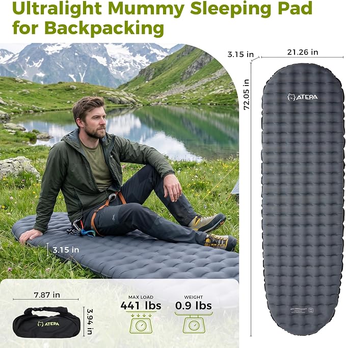 ATEPA ThermAir Ultralight Mummy Sleeping Pad for Backpacking, 6.5 R-Value Insulated Camping Air Mattress with Pump Sack, Compact Inflatable Sleeping Mat, Wide Long Size 72"x21"