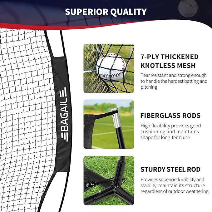 BAGAIL 7x7 ft Extra Large Baseball & Softball Training Net with Batting Tee, Heavy Duty Reinforced Steel Frame, Oversized Hitting Zone for All Levels, Portable Backstop with Carry Bag