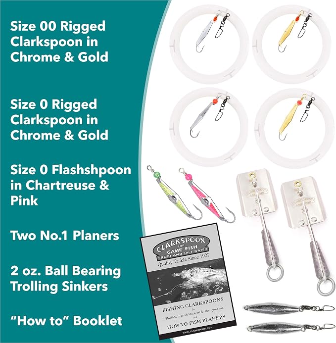Clarkspoon | Ready to Fish Trolling Kit - Fishing Equipment for Coastal Waters- Great for Spanish Mackerel, Bluefish, Bonito, Tuna, & More - Fishing Kit with Lures, Trolling Sinkers & Planers
