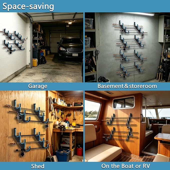 Fishing Rod Holders & Pole Holders for Garage, Wall Mounted Metal Fishing Rod Storage Organizer Rack Holds Up to 6/10/12/20 Rods or Combos, Suitable for Catfish Fishing Gear