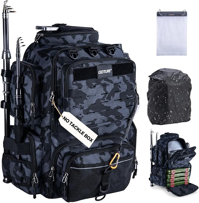 Goture Fishing Backpack, 900D Water-Resistant Tackle Backpack with Rod Holders, 45L Large Fishing Bag Storage Gear Tackle Bag with 8 Lure Pockets, Rain Cover for Camping Hiking(Without Tackle Box)