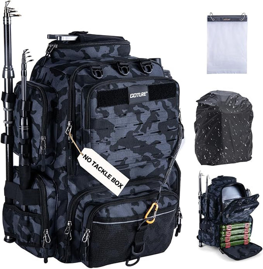 Goture Fishing Backpack, 900D Water-Resistant Tackle Backpack with Rod Holders, 45L Large Fishing Bag Storage Gear Tackle Bag with 8 Lure Pockets, Rain Cover for Camping Hiking(Without Tackle Box)