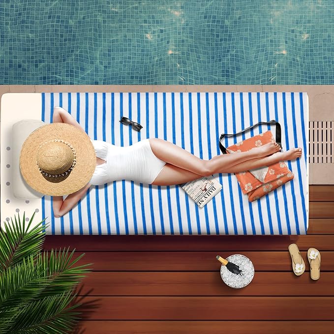 JML Microfiber Beach Towels, 6 Pack, 30" x 60", Cabana Stripe, Soft, Absorbent, Quick Dry Bath Towel Set for Adults, Travel, Summer Swimming Pool Party, Sport, Yoga, Camping, Stripe Blue and White